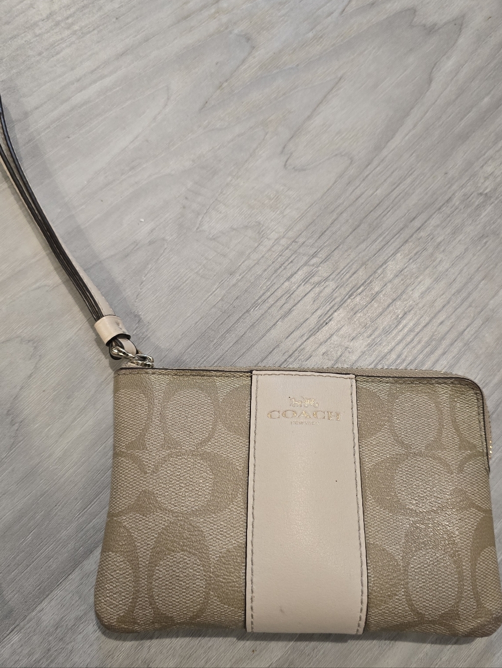 Coach Beige Signature Canvas Wristlet with Cream Center Stripe